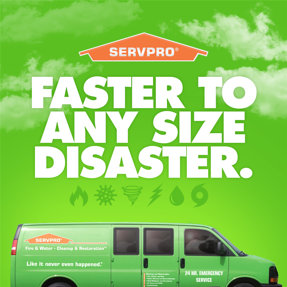 Green van and words saying: Faster to any size disaster.